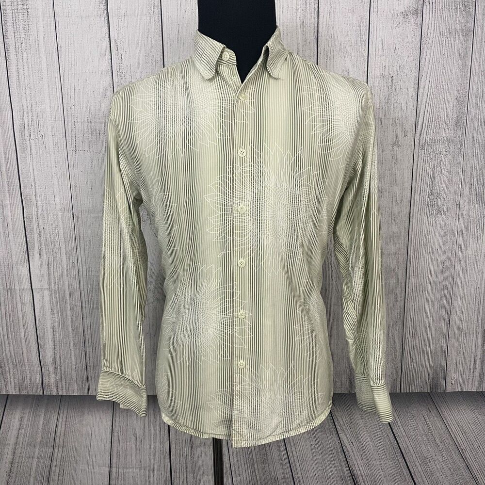 Tommy Bahama Men's Medium Yellow Floral Overlay Striped Silk Blend Button Shirt